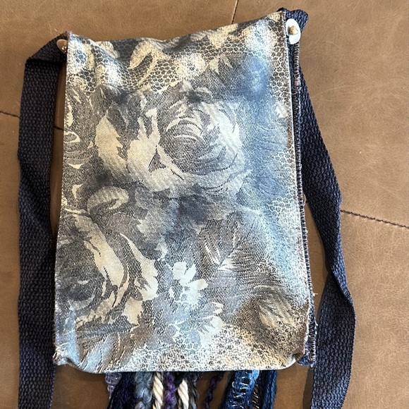 Cloth & Denim Blue Handmade Beaded Fringed  Positve Message Crossbody Bag - Picture 6 of 10